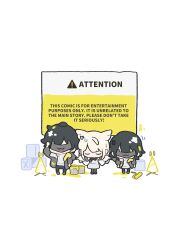  1boy 2girls ahoge animal_ears arknights arknights:_endfield artist_request bird_ears bird_girl black_hair bowing caution_tape chibi chibi_only closed_eyes commentary_request endministrator_(arknights) female_endministrator_(arknights) highres jacket male_endministrator_(arknights) mask multiple_girls no_mouth off_shoulder official_art ojigi_(bowing) perlica_(arknights) sign simple_background traffic_cone translation_request warning_sign white_background white_hair 