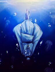  1boy 316_yogurt arms_at_sides barefoot black_hair blunt_ends bubble closed_mouth commentary_request faceless faceless_male feathers full_body genshin_impact highres japanese_clothes jellyfish kariginu male_focus pants pelvic_curtain pom_pom_(clothes) purple_sash sash scaramouche_(genshin_impact) scaramouche_(kabukimono)_(genshin_impact) sleeves_past_fingers sleeves_past_wrists solo split_mouth string underwater upside-down white_pants white_sleeves wide_sleeves yellow_feathers 