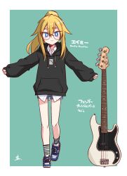  amelia_hamilton_(ikune_juugo) black_hoodie blonde_hair blouse blue_eyes blue_shoes character_request check_character check_copyright copyright_request denim denim_shorts drawstring glasses green_background guitar highres hood hoodie ikune_juugo instrument long_sidelocks long_sleeves original outside_border ponytail round_eyewear shirt shoes shorts sidelocks sneakers socks striped_clothes striped_socks white_background white_shirt white_shoes 
