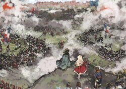  6+boys absurdres battle bayonet black_hat blonde_hair blue_coat coat dress fortress french_army french_flag from_above gold_trim grass green_coat hat highres infantry_square military_hat multiple_boys napoleonic_wars outdoors polearm red_dress short_hair smoke soldier spear standing tricorne weapon 