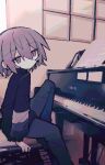  1girl expressionless instrument looking_at_viewer original piano piano_bench piano_keys red_eyes short_hair sitting sitting_on_bench suzua_(sofw0) 