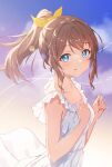  1girl absurdres backlighting bang_dream! bare_arms blue_eyes blue_sky blurry breasts brown_hair chromatic_aberration clouds collarbone commentary depth_of_field dress evening frilled_dress frills from_side gradient_sky grin hair_ribbon highres light_blush light_particles looking_at_viewer looking_to_the_side medium_breasts medium_hair negoma54 outdoors parted_lips ponytail purple_sky ribbon sidelocks sky sleeveless sleeveless_dress smile solo standing sundress upper_body white_dress yamabuki_saya yellow_ribbon 