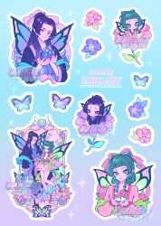  1boy 1girl artist_name beads black_shoes blue_eyes blue_robe blunt_bangs bow-shaped_hair bug butterfly chibi chinese_clothes dress fairy falling_petals flower gradient_background green_hair hair_beads hair_bun hair_ornament half_updo highres jinshi_(kusuriya_no_hitorigoto) kusuriya_no_hitorigoto l00llaby long_hair maomao_(kusuriya_no_hitorigoto) multiple_views parted_bangs petals pink_dress pink_flower pink_petals pink_shoes pointy_ears purple_butterfly purple_flower purple_hair robe shoes sparkle violet_eyes 