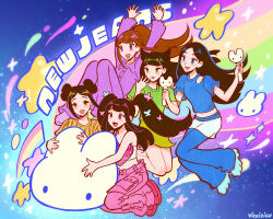  5girls animification black_hair brown_eyes brown_hair cartoonized copyright_name double_bun full_body haerin_(newjeans) hair_bun hanni_(newjeans) highres hyein_(newjeans) k-pop long_hair minji_(newjeans) multiple_girls newjeans pants rainbow shirt shoes smile stuffed_animal stuffed_rabbit stuffed_toy toon_(style) twintails vicki_tsai 
