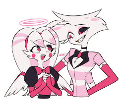  1boy 1girl :d angel_dust belt black_belt black_bow black_bowtie black_choker black_eyes black_sclera black_sleeves bow bowtie brooch brother_and_sister choker circle_facial_mark colored_inner_hair colored_sclera commentary_request cropped_torso elbow_gloves extra_arms eye_contact eyeshadow facial_mark fewer_digits fingerless_gloves flat_color furry furry_female furry_male gloves gold_teeth gradient_eyes grin hairband halo hands_on_own_chest hands_on_own_hips hazbin_hotel head_tilt heart hellaverse highres horns jewelry lapels long_hair looking_at_another looking_down looking_up makeup menma_(enaic31) mismatched_sclera molly_(hazbin_hotel) multicolored_eyes multicolored_hair open_mouth own_hands_together pink_bow pink_bowtie pink_eyes pink_eyeshadow pink_gloves pink_hair pink_hairband pink_shirt pink_streaks pink_wings puffy_short_sleeves puffy_sleeves raglan_sleeves raised_eyebrow sharp_teeth shirt short_sleeves siblings signature simple_background smile streaked_hair striped_clothes striped_shirt tareme teeth tongue traditional_bowtie twins two-tone_eyes two-tone_hair two-tone_shirt two-tone_wings upper_teeth_only white_background white_fur white_hair white_halo white_shirt white_wings wings 
