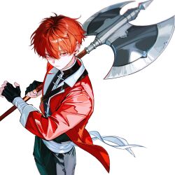  1boy absurdres axe bandaged_arm bandages battle_axe black_gloves black_roots black_shirt closed_mouth coat commentary_request double-sided_axe english_commentary expressionless fingerless_gloves gloves highres holding holding_axe hrak_mumi male_focus multicolored_hair red_coat red_eyes red_hair roots_(hair) shirt short_hair simple_background sousou_no_frieren stark_(sousou_no_frieren) twitter_username weapon white_background 