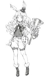  1girl animal_ears boots character_request clock closed_mouth commentary_request copyright_request fur-trimmed_boots fur_trim greyscale holding holding_instrument holding_trumpet instrument long_hair looking_at_viewer momoko_(momopoco) monochrome rabbit_ears shorts simple_background smile solo standing trumpet white_background 