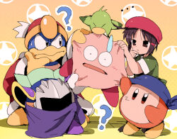  ... 1girl 3boys ? adeleine bandana_waddle_dee bendedede beret bird black_eyes black_hair cape closed_mouth commentary english_commentary gloves hair_ornament hairclip hat highres king_dedede kirby kirby_(series) looking_at_another meta_knight multiple_boys open_mouth pitch_(kirby) purple_cape red_hat short_hair short_sleeves sweatdrop thinking yellow_gloves 