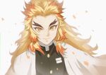  1boy blonde_hair closed_mouth demon_slayer_uniform haori jacket japanese_clothes kimetsu_no_yaiba looking_at_viewer male_focus multicolored_hair redhead rengoku_kyoujurou simple_background smile solo streaked_hair thick_eyebrows touchika upper_body white_background 