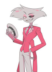  1boy :d absurdres angel_dust arms_at_sides black_sclera buttons collared_shirt colored_sclera commentary_request cowboy_shot extra_arms eyeshadow facial_mark fedora fewer_digits furry furry_male gold_teeth grin hand_on_own_hip hand_up hat hazbin_hotel hellaverse highres holding holding_unworn_clothes holding_unworn_hat jitome layered_sleeves long_sleeves looking_at_viewer makeup male_focus menma_(enaic31) mismatched_sclera necktie pants pink_eyeshadow red_eyes red_necktie sharp_teeth shirt signature simple_background smile solo standing teeth unworn_hat unworn_headwear v-shaped_eyebrows white_background white_fur white_hat white_pants white_shirt 