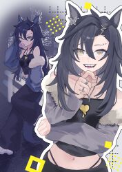  absurdres against_railing air_shakur_(umamusume) animal_ears black_hair black_pants black_tank_top blue_jacket chewing_gum commentary_request eyebrow_piercing face_piercing fur-trimmed_jacket fur_trim glasses grey_jacket hair_between_eyes highres horse_ears horse_girl horse_tail jacket jewelry long_hair multiple_rings necklace open_clothes open_jacket open_mouth pants piercing railing ring semi-rimless_eyewear sharp_teeth shoes tail tank_top teeth umamusume white_shoes y3_(user_heyx5852) 