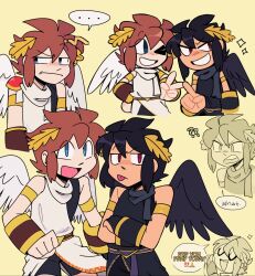  ... 2boys ? ?? angel angel_wings black_hair black_scarf blue_eyes brown_hair dark_pit emoji highres kid_icarus kid_icarus_uprising laurel_crown male_focus multiple_boys one_eye_closed pit_(kid_icarus) red_eyes scarf soulkibbz tongue tongue_out v white_scarf wings yellow_background 