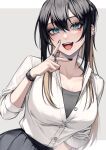  1girl absurdres black_hair black_nails blonde_hair blue_eyes blue_hair commentary copyright_request dress_shirt forute_na grey_skirt half_updo highres jewelry long_hair mole mole_under_eye multicolored_hair ring shirt skirt solo symbol-only_commentary v_over_eye 