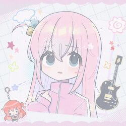  1girl black_eyes blush_stickers bocchi_the_rock! character_charm charm_(object) clouds commentary cropped_torso cube_hair_ornament dot_nose electric_guitar emyo710 gibson_les_paul gotoh_hitori grid_background guitar hair_ornament highres instrument jacket kita_ikuyo long_hair long_sleeves looking_at_viewer parted_lips pink_hair pink_jacket rain solo star_(symbol) straight_hair track_jacket white_background 