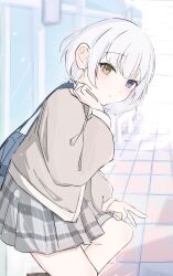  1girl bag bang_dream! bang_dream!_it's_mygo!!!!! blue_bag blue_eyes blush brown_cardigan cardigan closed_mouth commentary grey_skirt heterochromia highres kaname_raana looking_at_viewer melty_lubll plaid_clothes plaid_skirt pleated_skirt school_bag short_hair skirt solo v white_hair yellow_eyes 