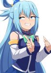  &gt;:) 1girl aqua_(konosuba) bare_shoulders blue_eyes blue_hair blue_shirt blush bow breasts commentary detached_sleeves double-parted_bangs green_bow grin hair_between_eyes hair_bobbles hair_ornament half_updo hands_up index_finger_raised index_fingers_raised kono_subarashii_sekai_ni_shukufuku_wo! large_breasts long_hair long_sleeves looking_to_the_side pointing pointing_to_the_side shirt sidelocks simple_background single_hair_ring sleeveless sleeveless_shirt smile smug solo straight_hair teeth umarutsufuri upper_body v-shaped_eyebrows very_long_hair white_background white_sleeves 