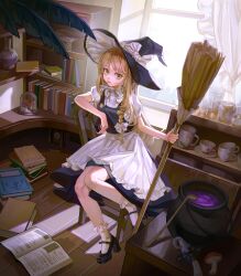  1girl absurdres analog_clock apron arm_rest bing_guo black_hat black_shoes black_skirt black_vest blonde_hair book book_stack bookshelf bow braid broom buttons cauldron chair clock commentary_request cup curtains drawer drinking_glass dutch_angle frilled_apron frilled_socks frills full_body hair_bow hat hat_bow highres holding holding_broom indoors juliet_sleeves kirisame_marisa leaf leg_up long_hair long_sleeves looking_at_viewer mary_janes mushroom neck_ribbon open_book parted_lips pink_bow puffy_sleeves ribbon shirt shoes side_braid single_braid sitting skirt skirt_set socks solo table teacup touhou vest vial waist_apron white_apron white_ribbon white_shirt white_socks window witch_hat wooden_chair wooden_ladle yellow_eyes 