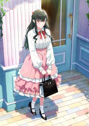  1girl bag black_hair braid brick_floor brooch building closed_mouth collared_shirt commentary day door frilled_shirt_collar frilled_skirt frilled_sleeves frilled_socks frills from_above full_body hair_between_eyes half_updo high-waist_skirt highres holding holding_bag hutarikiri2025 jewelry layered_skirt light_blush light_smile long_hair long_sleeves looking_at_viewer mary_janes medium_skirt outdoors pink_skirt puffy_long_sleeves puffy_sleeves red_eyes shadow shirt shoes shy skirt socks spy_x_family standing white_socks yor_briar 