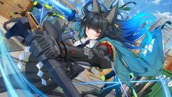  1girl absurdres animal_ear_fluff animal_ears battle black_gloves black_hair black_necktie blunt_bangs commentary_request ethereal_(zenless_zone_zero) fighting_stance fox_ears fox_girl gloves hachinatsu highres holding holding_sword holding_weapon hoshimi_miyabi katana long_hair looking_at_viewer necktie red_eyes sheath sidelocks solo_focus sword weapon zenless_zone_zero 