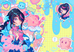  ! 1girl ;q absurdres aqua_hair aqua_nails black_hair blue_hair blue_jacket blue_shoes blush blush_stickers candy_hair_ornament chibi chibi_inset closed_mouth colored_inner_hair commentary english_commentary english_text eyelashes fingernails food food-themed_hair_ornament fruit glass grid_background hair_intakes hair_ornament heart highres holding holding_spoon ice_cream ice_cream_cone ice_cream_hair_ornament jacket jewelry long_hair multicolored_hair multicolored_nails multiple_views nail_polish necklace octopus off_shoulder one_eye_closed open_clothes open_jacket original outline oversized_object pink_eyes pink_hair pink_nails pink_sweater ponytail reapster_(tdwg3572) shoes single-braid sleeveless sleeveless_sweater smile speech_bubble split_mouth spoken_exclamation_mark spoken_heart spoon sprinkles strawberry streaked_hair sweater tongue tongue_out white_outline yellow_background 