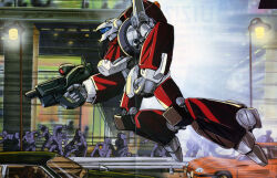  1980s_(style) artist_request blue_visor building car crowd energy_gun english_commentary flying garland_(megazone_23) glint glowing key_visual lamppost mecha megazone_23 motion_lines motor_vehicle official_art production_art promotional_art retro_artstyle road robot scan scene_reference science_fiction scope street traditional_media weapon window 