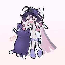  1girl absurdres ahoge animal-shaped_pillow animalization arm_at_side artist_name black_hair blunt_ends blunt_tresses bow center-flap_bangs chemise closed_eyes colored_inner_hair colored_tips columbina_(genshin_impact) crescent crescent_hair_ornament cross-laced_clothes cross-laced_shorts drooling eyelashes eyeshadow full_body genshin_impact gradient_hair hair_bow hair_ornament hair_ribbon hand_up highres lacycoffinn large_bow long_hair loose_socks makeup mouth_drool multicolored_hair open_mouth pigeon-toed pink_background pink_eyeshadow pink_hair purple_shorts purple_socks ribbon rubbing_eyes scaramouche_(cat)_(genshin_impact) scaramouche_(genshin_impact) shorts single_thighhigh sleeveless socks solo stuffed_animal stuffed_toy thigh-highs tress_ribbon very_long_hair wavy_mouth white_bow white_chemise white_ribbon white_thighhighs yawning 