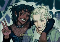  2girls arm_around_neck black_hair blonde_hair collar commentary commission dark-skinned_female dark_skin earrings english_commentary face_piercing fang fishnet_top fishnets grin highres jewelry mole mole_under_eye multiple_girls nose_piercing nose_ring original piercing ponytail red_eyes reverse_trap scar scar_across_eye scar_on_face signature smile spiked_collar spikes stud_earrings tomboy twintails v watermark wickesdt 