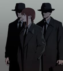  1girl 2boys black_jacket black_necktie braid braided_ponytail briefcase chainsaw_man collared_shirt faceless faceless_male grey_background grin hands_in_pockets highres holding holding_briefcase jacket long_hair looking_ahead makima_(chainsaw_man) multiple_boys necktie oversized_clothes oversized_jacket ponytail red_hair ringed_eyes sawgak shirt sidelocks simple_background smile suit suit_jacket trilby white_shirt yellow_eyes 