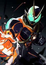 1boy armor black_armor clenched_hands compound_eyes cowboy_shot dualmare_capsem green_eyes jiu_ye_sang kamen_rider kamen_rider_zeztz kamen_rider_zeztz_(series) kamen_rider_zeztz_catastrom male_focus solo tokusatsu zeztz_driver