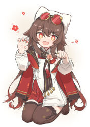  1girl absurdres brown_hair brown_scarf brown_thighhighs cai_yuan commentary_request eyewear_on_head flower-shaped_pupils genshin_impact hat highres hu_tao_(cherries_snow-laden)_(genshin_impact) hu_tao_(genshin_impact) jewelry kneeling long_hair long_sleeves looking_at_viewer official_alternate_costume open_mouth paw_pose red-tinted_eyewear red_eyes red_nails red_skirt ring round_eyewear scarf shirt simple_background skirt smile solo sunglasses symbol-shaped_pupils thigh-highs tinted_eyewear twintails white_background white_hat white_shirt 