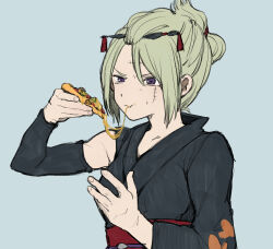  1girl bangs_pinned_back black_kimono folded_ponytail food gintama highres holding holding_food holding_pizza japanese_clothes kimono kiseru kunai kunai_hair_ornament pizza scar scar_on_cheek scar_on_face sleeveless sleeveless_kimono smoking_pipe tsucudaniv3 tsukuyo_(gintama) weapon 
