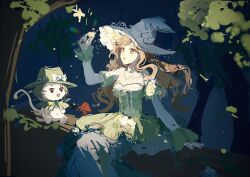  1girl absurdres animal belt bow bowtie brooch broom brown_hair cat center_frills cloak clothed_animal cowboy_shot dark dress eyelashes flower forest frilled_headwear frilled_sleeves frills glowing green_belt green_bow green_bowtie green_cloak green_dress green_eyes green_hat hat hat_belt hat_bow hat_flower highres himawari901 hood hood_up hooded_cloak infinity_nikki jewelry layered_sleeves light_smile lipstick long_dress long_hair long_sleeves looking_at_object low_twintails makeup momo_(nikki) moss nature night nikki_(series) off-shoulder_dress off_shoulder official_alternate_costume on_branch outdoors parted_lips pink_lips rainfall_&amp;_blossoms_(infinity_nikki) short_over_long_sleeves short_sleeves single_sidelock single_stripe sitting sleeve_bow sleeves_past_wrists striped_bow striped_bowtie striped_clothes twintails very_long_hair wavy_hair white_bow white_cat white_flower white_hat white_sleeves witch witch_hat x_navel 
