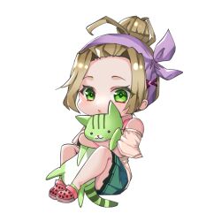  1girl blonde_hair chibi chibi_only closed_mouth commentary_request crocs crossed_arms fish_hair_ornament forehead full_body green_eyes green_pupils green_skirt hair_bun hair_ornament hair_ribbon heaven_burns_red highres holding holding_stuffed_toy hugging_object knees_apart_feet_together knees_up light_frown looking_at_viewer miniskirt ooshima_yotsuha parted_bangs pleated_skirt purple_ribbon ribbon rin_0101010 sidelocks simple_background single_hair_bun sitting skirt solo stuffed_animal stuffed_cat stuffed_toy transparent_background 