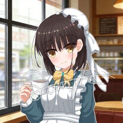  1girl apron aqua_dress black_hair blurry blurry_background blush bow bowtie bun_cover cafe cafe_stella_to_shinigami_no_chou chinese_commentary closed_mouth commentary_request commission cup dress eyes_visible_through_hair frilled_apron frills fuchuangzi_summerwind hair_behind_ear hair_between_eyes hair_bun hair_ribbon hand_up holding holding_cup indoors long_sleeves looking_at_viewer maid maid_apron medium_hair mole mole_under_eye outline pixel_art ribbon sample_watermark shiki_natsume single_hair_bun smile solo split_mouth straight_hair striped_bow striped_bowtie striped_clothes tea teacup upper_body watermark white_apron white_outline white_ribbon window yellow_bow yellow_bowtie 