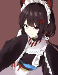  1girl animal_ears apron belt_collar black_choker brown_kimono choker collar dog_ears dog_girl flower hair_flower hair_ornament heterochromia highres inui_toko inui_toko_(1st_costume) japanese_clothes kimono long_sleeves looking_at_viewer maid maid_apron maid_headdress nijisanji red_eyes red_ribbon ribbon senpuki smile solo virtual_youtuber wa_maid white_headdress yellow_eyes 