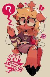  1girl ? absurdres alternate_costume animal_ear_piercing animal_ears antlers bandaid bandaid_on_knee bandaid_on_leg barefoot belt black_belt black_choker black_eyes black_shirt blonde_hair blue_skirt buck_teeth choker closed_mouth commentary crop_top deer_ears deer_tail deltarune english_commentary english_text freckles full_body grey_background handheld_game_console highres holding holding_handheld_game_console horns long_hair long_sleeves mistakeharvest noelle_holiday reindeer_antlers reindeer_girl shirt simple_background skirt solo speech_bubble spoken_question_mark tail teeth utdr_(toby_fox) 