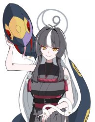  1girl absurdres azami_(blue_archive) bell black_hair black_nails blue_archive blue_hair colored_sclera commentary_request crossover fangs forked_tongue halo hand_up highres japanese_clothes kyurosuku long_hair looking_at_viewer mole mole_under_mouth multicolored_hair nail_polish pokemon pokemon_(creature) red_sclera seviper sidelocks simple_background sleeveless smile snake tassel tongue very_long_hair white_background white_hair white_snake yellow_eyes 