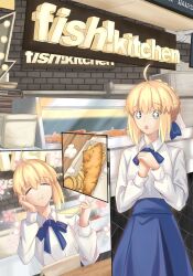  +_+ 1girl absurdres ahoge andychen662000 artoria_pendragon_(fate) blonde_hair blouse blue_bow blue_skirt bow braid bun_with_braided_base chestnut_mouth eating fate/stay_night fate_(series) fish_(food) fish_and_chips flower food fork french_fries green_eyes hair_bow hair_bun hand_on_own_cheek hand_on_own_face happy highres holding holding_fork long_sleeves photo-referenced pink_flower real_world_location saber_(fate) shirt sidelocks skirt solo white_shirt 
