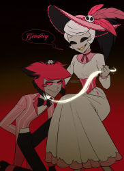  1boy 1girl :d absurdres alastor_(hazbin_hotel) animal_ears antlers arms_behind_back black-framed_eyewear black_background black_bow black_bowtie black_hair black_nails black_pants bob_cut bow bow_choker bowtie brooch chain choker closed_mouth coat cocked_eyebrow collar colored_sclera colored_skin colored_teeth colored_tips commentary_request corset deer_antlers deer_boy deer_ears dress english_text eyeshadow feet_out_of_frame fewer_digits frilled_sleeves frills glowing gradient_background grey_skin grin hand_on_another's_head hands_up hat hat_feather hat_ornament hazbin_hotel hellaverse highres holding holding_leash hollow_eyes horns invisible_chair jewelry jitome knee_up lapels large_hat leash light_particles long_dress long_sleeves looking_ahead looking_down makeup menma_(enaic31) monocle multicolored_coat multicolored_hair nail_polish no_nose notched_lapels official_alternate_costume on_one_knee pants pink_coat pink_dress pink_hat pinstripe_coat raised_eyebrow red-tinted_eyewear red_background red_bow red_bowtie red_choker red_corset red_eyes red_eyeshadow red_hair red_sclera rosie_(hazbin_hotel) round_eyewear sharp_teeth shirt short_hair signature simple_background sitting skull_hat_ornament smile speech_bubble swept_bangs tareme teeth tinted_eyewear traditional_bowtie turtleneck turtleneck_shirt two-tone_background two-tone_coat two-tone_dress two-tone_hair v-shaped_eyebrows white_coat white_collar white_dress white_hair white_shirt yellow_teeth 