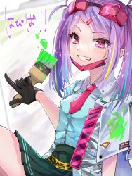  1girl :d aqua_shirt black_gloves blonde_streaks blue_streaks blush collared_shirt commentary_request cowboy_shot eyelashes fang gloves goggles goggles_on_head green_skirt grin hair_ornament hairclip hand_up happy happy_birthday heaven_burns_red highres holding holding_paintbrush index_finger_raised ishii_iroha long_hair looking_at_viewer mask mask_pull miniskirt mouth_mask multicolored_hair necktie paint_splatter paintbrush parted_bangs pleated_skirt purple_hair red_necktie rin_0101010 shirt short_necktie sidelocks sitting skirt smile solo straight_hair streaked_hair translated twintails violet_eyes yellow_pupils 