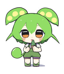  1girl :p animal_ears blush_stickers chibi chibi_only closed_mouth commentary double-parted_bangs edamame food full_body green_hair green_shoes green_shorts hair_between_eyes highres holding holding_food holding_ice_cream ice_cream konohoshi long_hair looking_at_viewer orange_eyes shirt shoes short_sleeves shorts simple_background solo standing tongue tongue_out untranslatable_commentary voicevox white_background white_shirt zundamon 