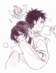  1girl 2boys angel_wings arrow_(projectile) back-to-back black_hair blonde_hair blush bow_(weapon) center-flap_bangs chibi chibi_inset chinese_commentary commentary cropped_torso cupid dirty dirty_face granyon hair_between_eyes hair_bun hair_ornament hair_stick heart heart_arrow highres holding holding_bow_(weapon) holding_paper holding_pencil holding_weapon kagurabachi limited_palette mole mole_under_each_eye mole_under_eye multiple_boys multiple_moles paper pencil rokuhira_kunishige shiba_tougo simple_background sleeves_past_fingers sleeves_past_wrists soga_chiaki squeans sweatdrop updo weapon wings writing 