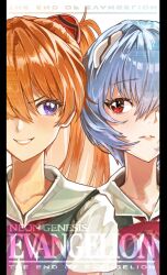  2girls absurdres ayanami_rei blue_hair collarbone english_text grin hair_between_eyes highres interface_headset_(evangelion) long_hair looking_at_another multiple_girls mw_01m neon_genesis_evangelion orange_hair red_eyes red_ribbon ribbon school_uniform serafuku short_hair smile souryuu_asuka_langley upper_body violet_eyes 