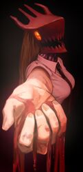  1girl black_background black_necktie blood blood_on_hands chainsaw_man commentary_request demon demon_girl highres msms1912718 necktie power_(chainsaw_man) sharp_teeth simple_background suit teeth yellow_eyes 