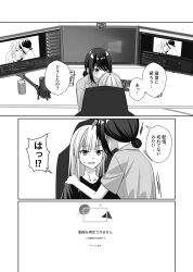  2girls alternate_universe blush can cho_kaguya-hime! collarbone computer_keyboard ear_blush energy_drink greyscale hair_bun hand_on_another's_shoulder highres kurokawa_rikuu livestream long_hair looking_at_another microphone microsoft_windows monitor monochrome multiple_girls open_mouth runami_yachiyo sakayori_iroha short_sleeves single_hair_bun small_sweatdrop translation_request upper_body yuri 
