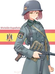  1girl absurdres belt belt_buckle belt_pouch black_belt buckle buttons coat collar_tabs combat_helmet cross division_azul double-breasted germany grey_coat grey_helmet gun helmet highres holding holding_weapon iron_cross leather_strap leochan1202 looking_at_viewer military military_uniform mp40 original pouch red_hair shoulder_boards spain spanish_falange spanish_flag submachine_gun unamused weapon wehrmacht world_war_ii yellow_eyes 