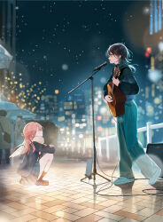  2girls 2others angel_wings black_hair black_jacket blurry blurry_background city city_lights closed_mouth commentary_request feathered_wings full_body guitar highres holding holding_guitar holding_instrument instrument jacket knees_up long_hair long_sleeves looking_at_another microphone microphone_stand multiple_girls multiple_others music night open_mouth original outdoors pants pink_hair plaid_clothes plaid_skirt playing_guitar playing_instrument scarf shoes singing sitting skirt sneakers snowing speaker standing umbrella white_shoes white_wings wings yukimaru_nun 