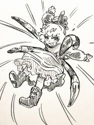  1girl arthropod_girl arthropod_limbs boots bow commentary_request fangs hair_bow hair_bun kurodani_yamame long_sleeves looking_at_viewer menotama multi-source_commentary open_mouth short_hair silk skin_fangs smile solo spider_girl spider_web touhou 