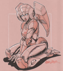  1girl alex_milne arcee autobot blue_eyes commentary english_commentary helmet high_heels humanoid_robot insignia mecha metal_skin pink_lips robot robot_girl science_fiction solo transformers transformers:_generation_1 