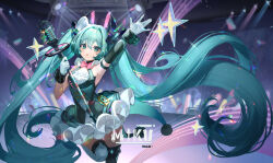  1girl absurdres aqua_eyes aqua_hair arm_up armpits asymmetrical_legwear bow bowtie commentary_request congqian_you_ke_xing detached_sleeves dress_ruff frills hair_ornament hat hatsune_miku highres holding holding_microphone_stand holding_wand long_hair looking_at_viewer magical_mirai_(vocaloid) magical_mirai_miku magical_mirai_miku_(2019) microphone microphone_stand microphone_wand mini_hat mini_top_hat miniskirt mismatched_legwear neck_ruff official_alternate_costume official_alternate_hairstyle open_mouth pink_bow pink_bowtie skirt solo standing standing_on_one_leg thigh-highs top_hat twintails very_long_hair vocaloid wand 